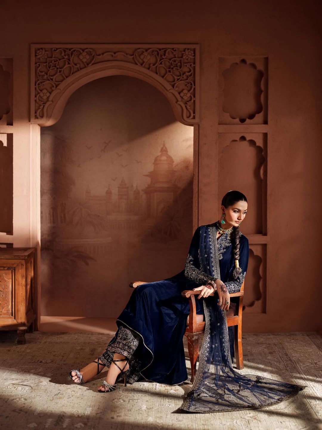 VELVET 3 PIECE GOWN PLAZZO PAIR WITH SEQUENCE EMBROIDERY WORK