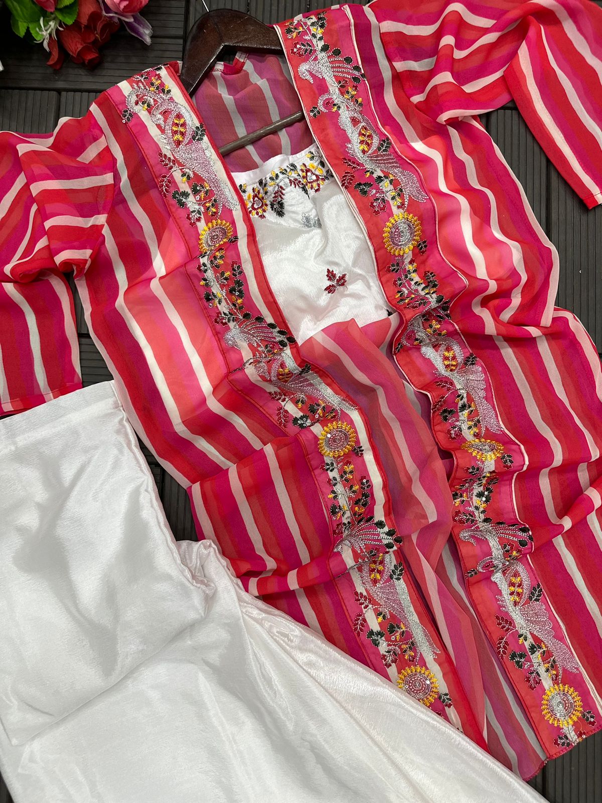 Trending Party Wear Shrug And Plazzo Chinon & Silk