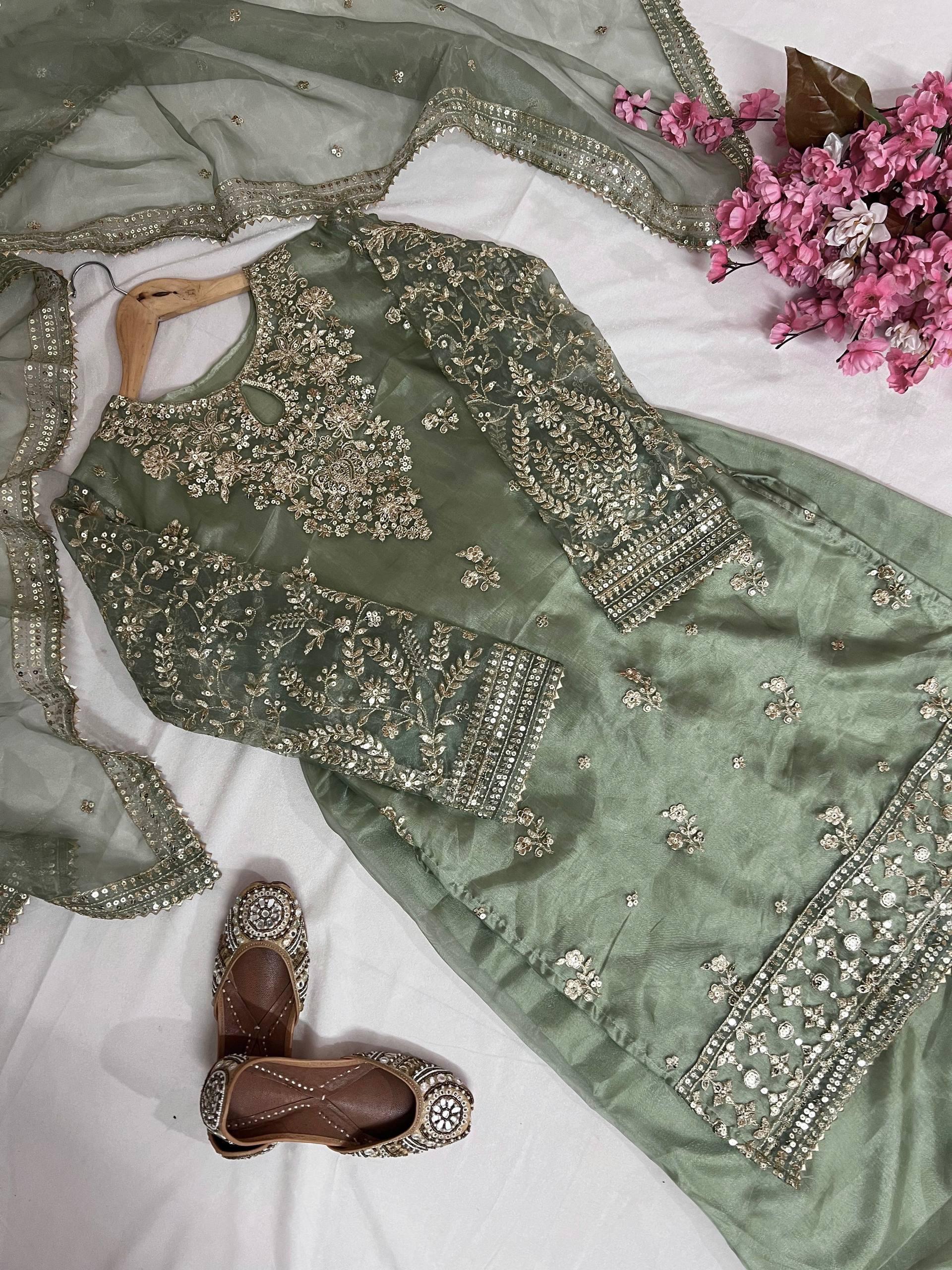 kurti Plazzo Set zari sequins embroidery work organza silk