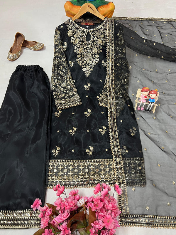 kurti Plazzo Set zari sequins embroidery work organza silk
