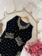 Velvet Kurti-Pant Set Sequins & Zari embroidery work with Cutwork Border