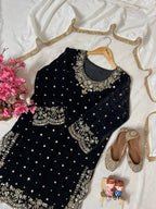 Velvet Kurti-Pant Set Sequins & Zari embroidery work with Cutwork Border