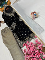 Velvet Kurti-Pant Set Sequins & Zari embroidery work with Cutwork Border