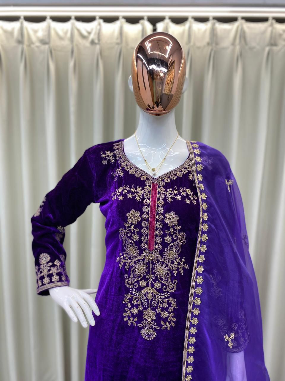 VELVET DESIGNER KURTA PLAZZO PAIR WITH EMBROIDERY WORK