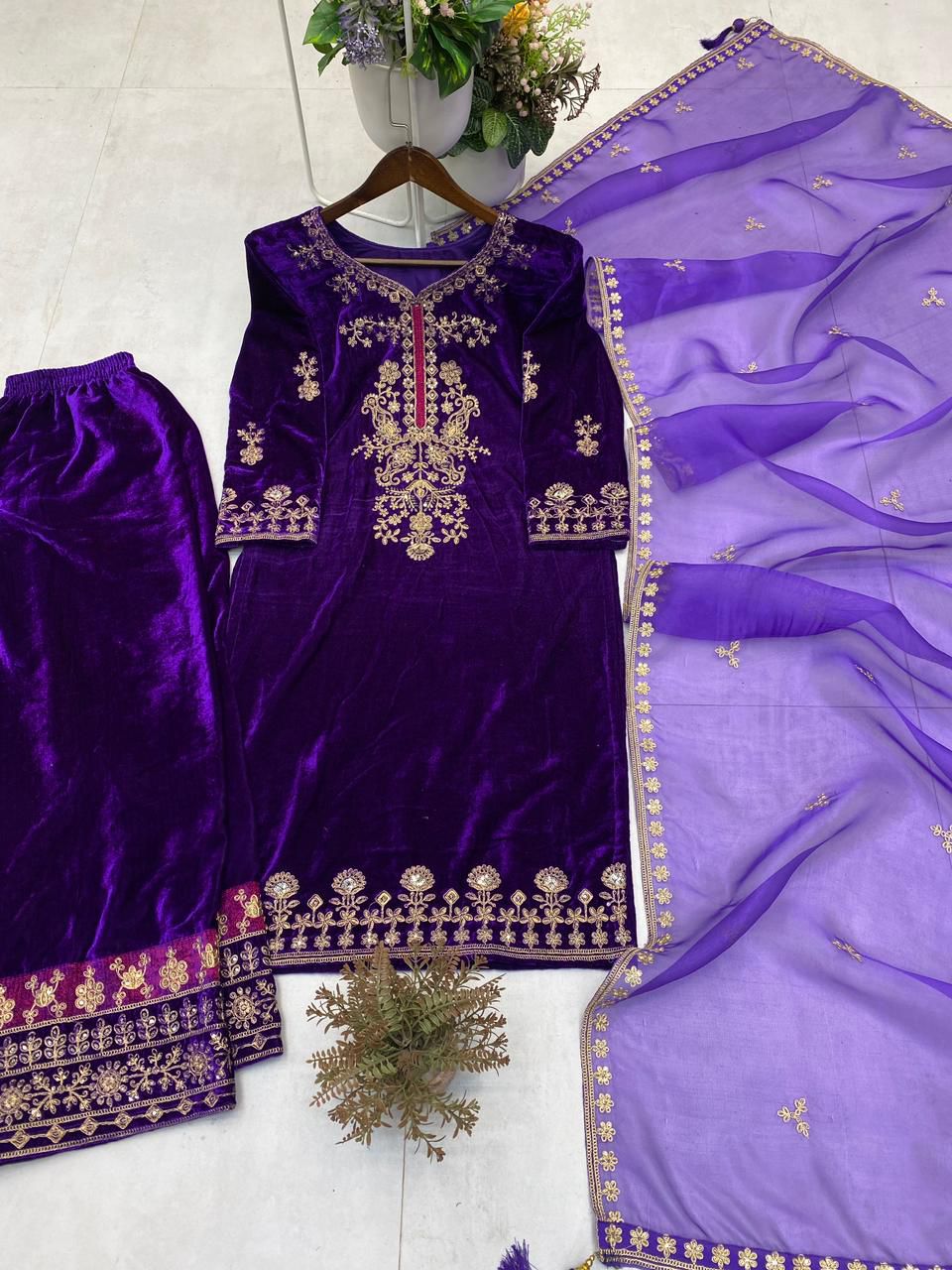 VELVET DESIGNER KURTA PLAZZO PAIR WITH EMBROIDERY WORK