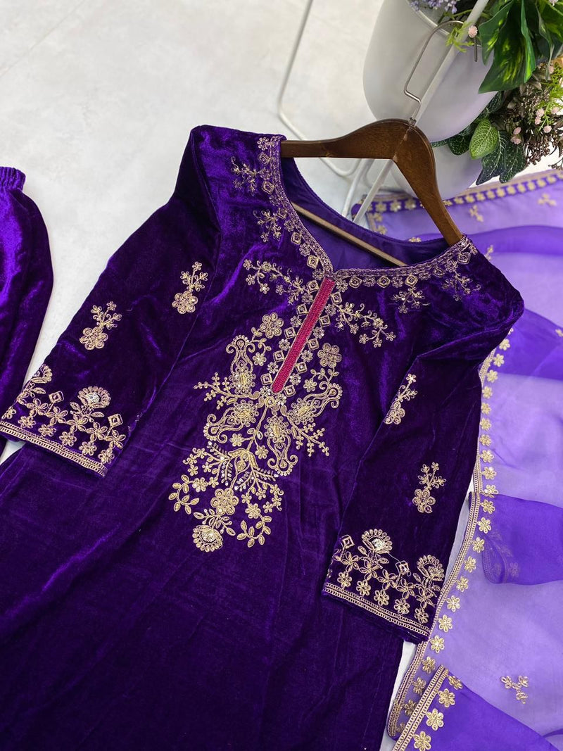 VELVET DESIGNER KURTA PLAZZO PAIR WITH EMBROIDERY WORK