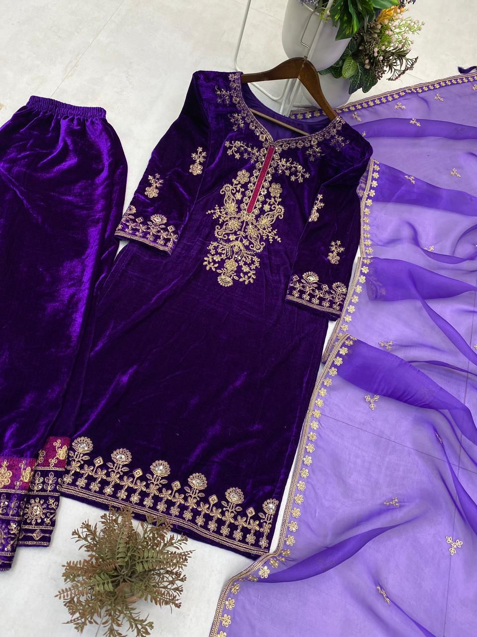 VELVET DESIGNER KURTA PLAZZO PAIR WITH EMBROIDERY WORK
