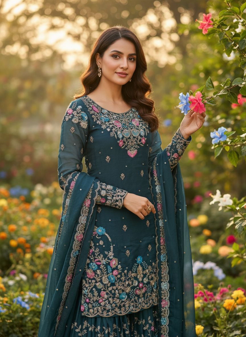 Anarkali Sharara Dupatta jmc silk 3-piece set with rivet moti 4-Side & work broder