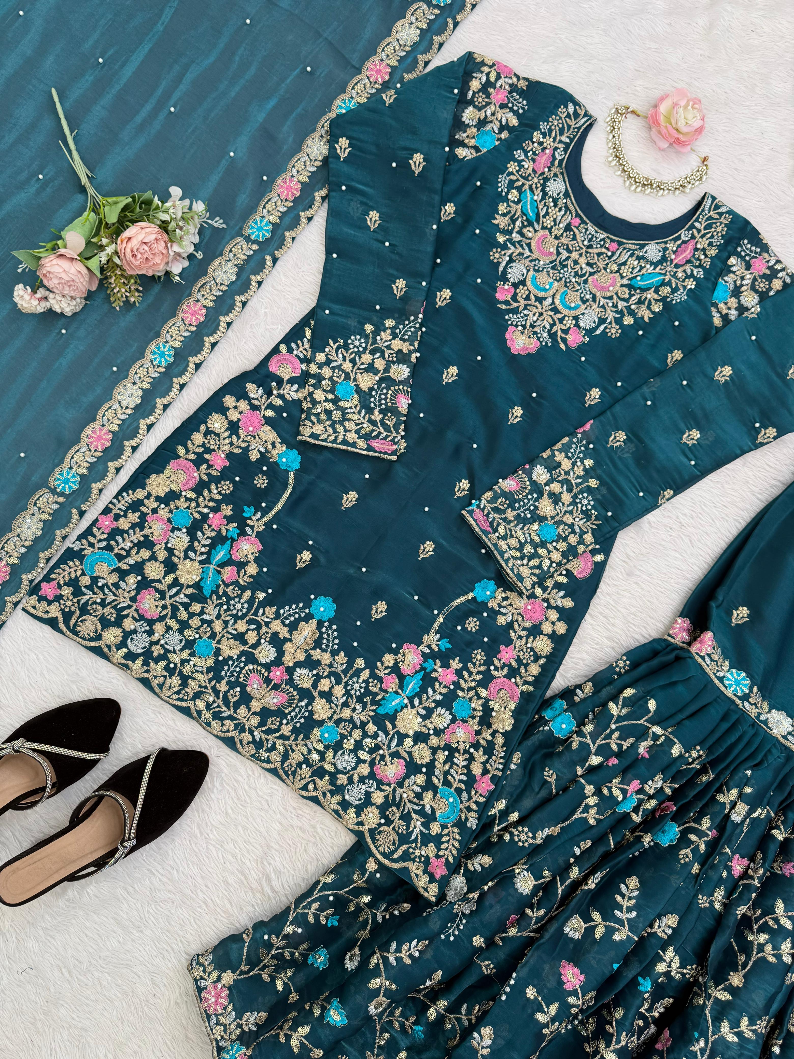 Anarkali Sharara Dupatta jmc silk 3-piece set with rivet moti 4-Side & work broder