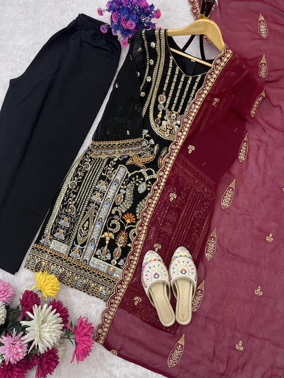 Designer Heavy Embroidery Work Top Pent With Dupatta Set