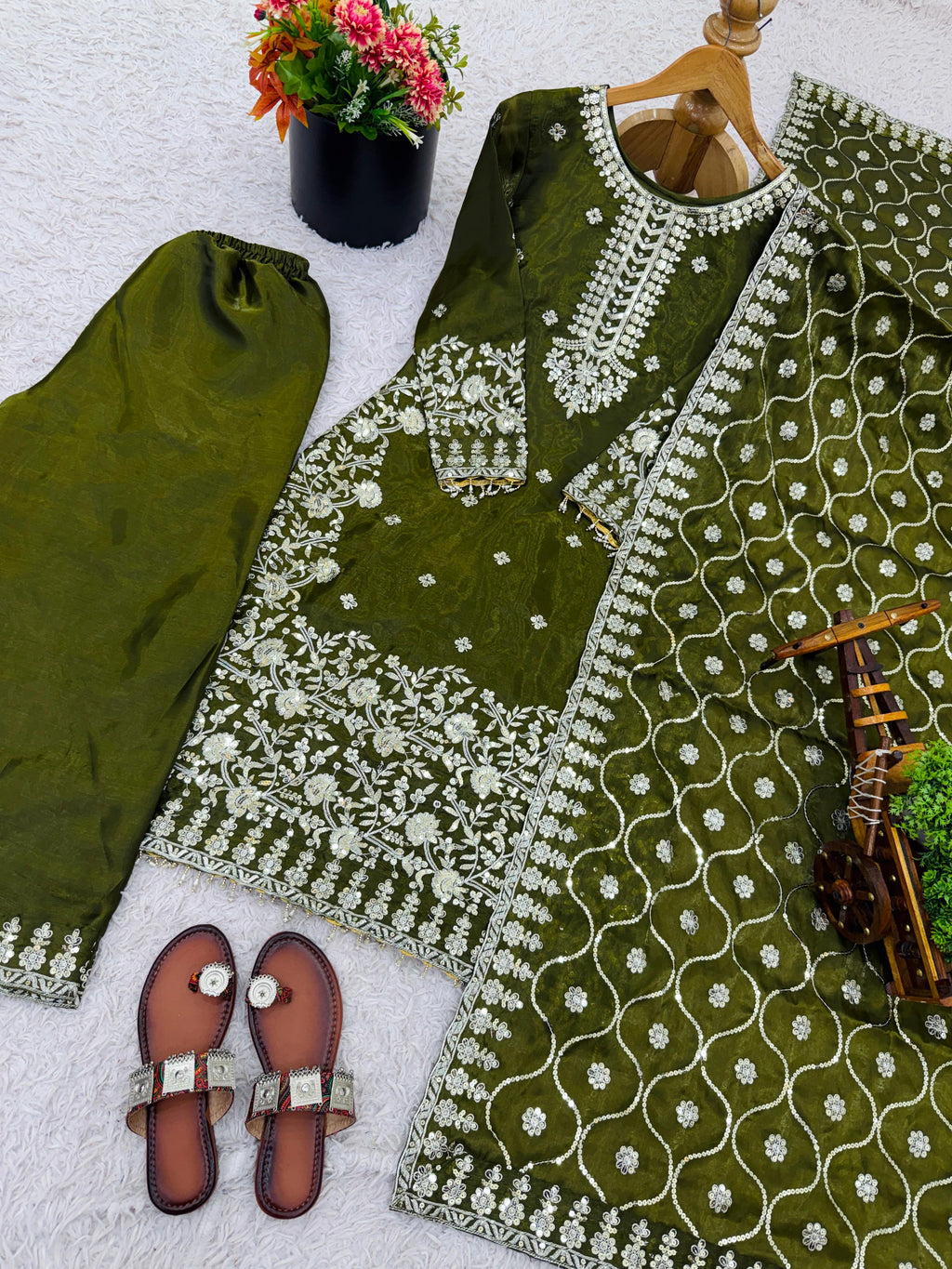 GMY SILK With Heavy Embroidery Sequence Work Top-Bottom And Dupatta Set