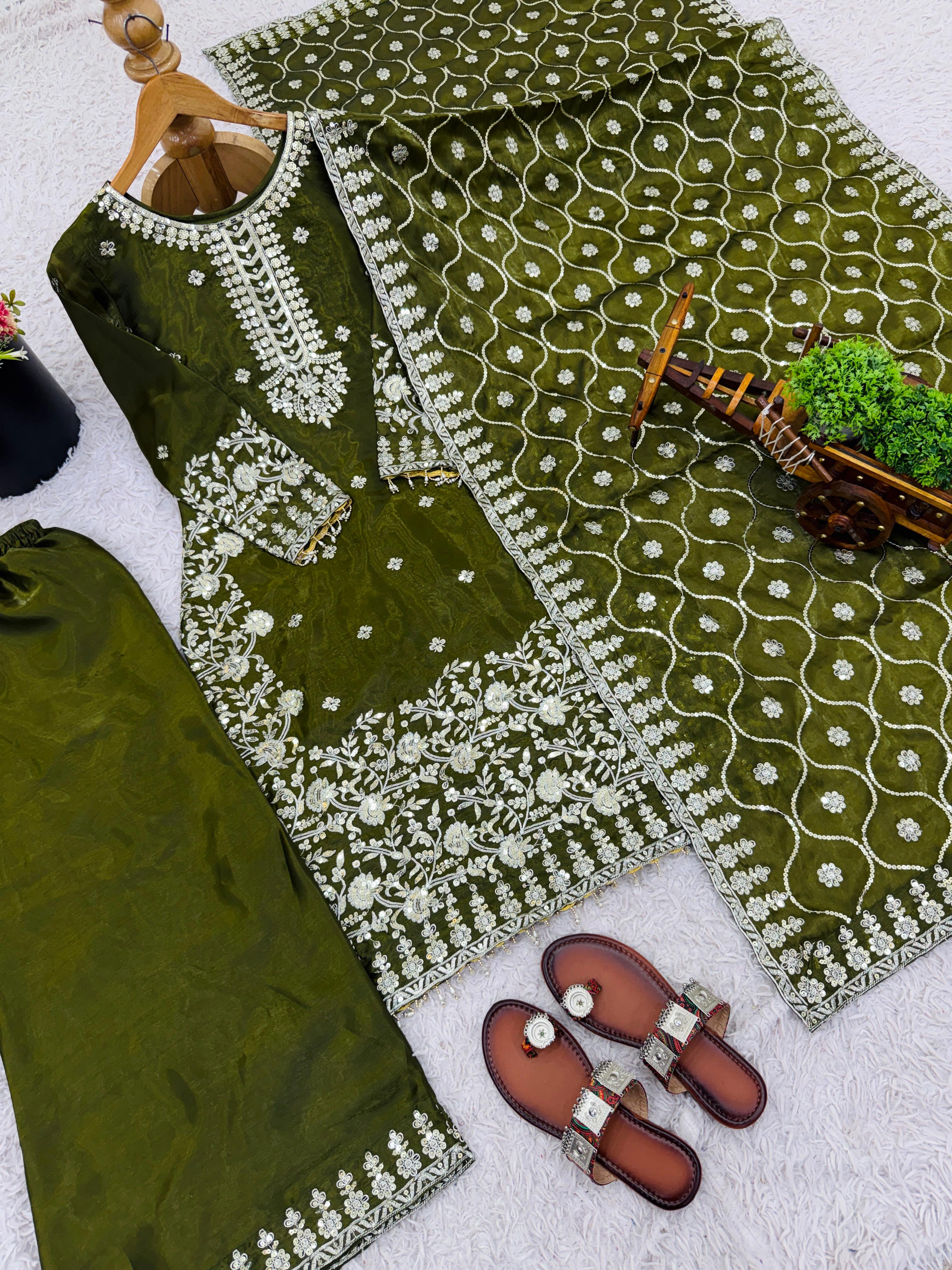 GMY SILK With Heavy Embroidery Sequence Work Top-Bottom And Dupatta Set