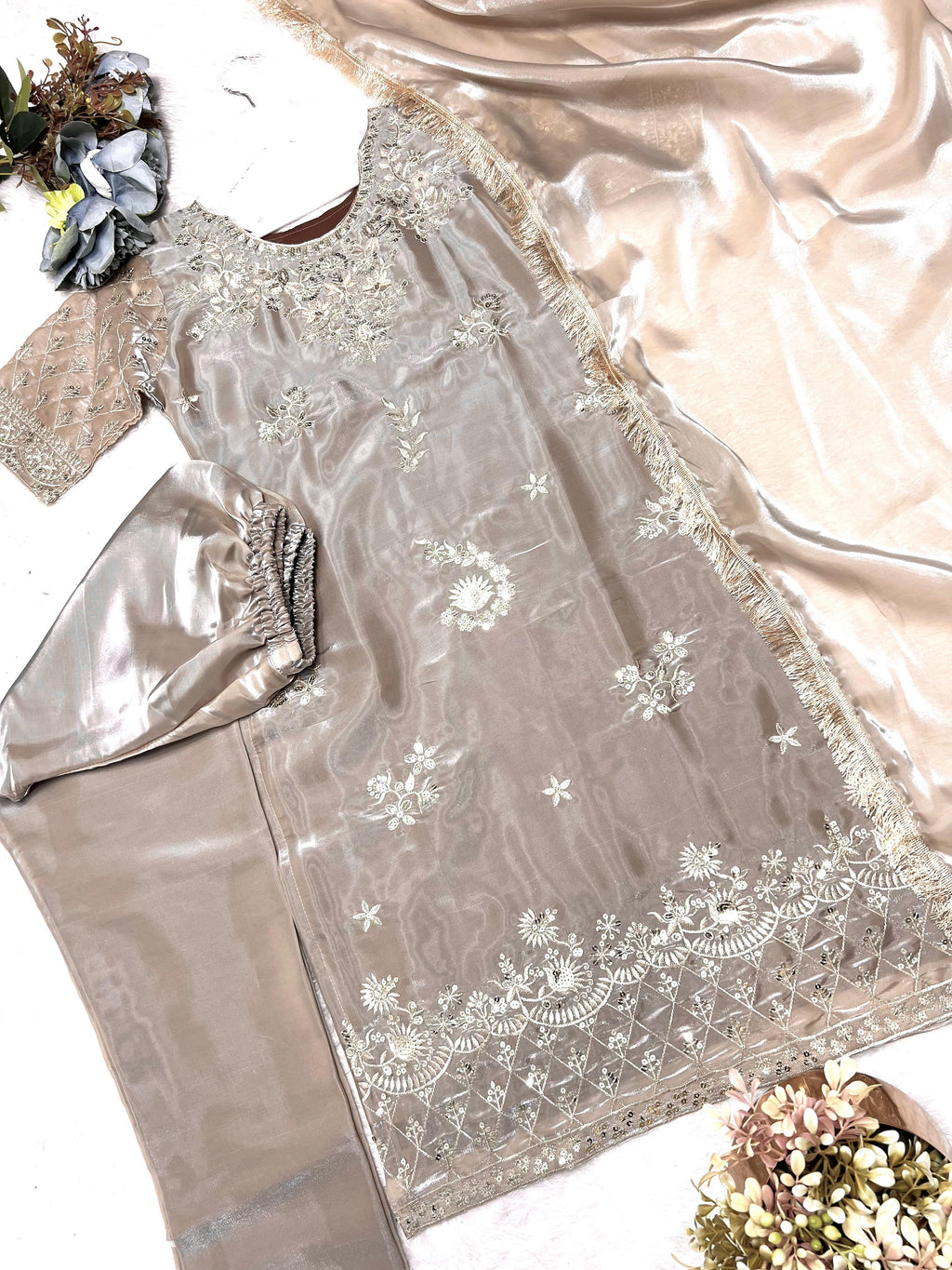 HEAVY SILK EMBROIDERY AND SEQUENCE WORK TOP-PENT WITH & DUPATTA