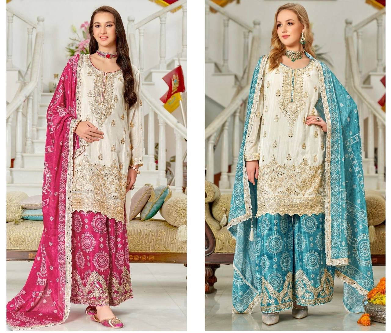 Heavy Chinon Party Wear Embroidery and Real Work Mirror Sharara Set