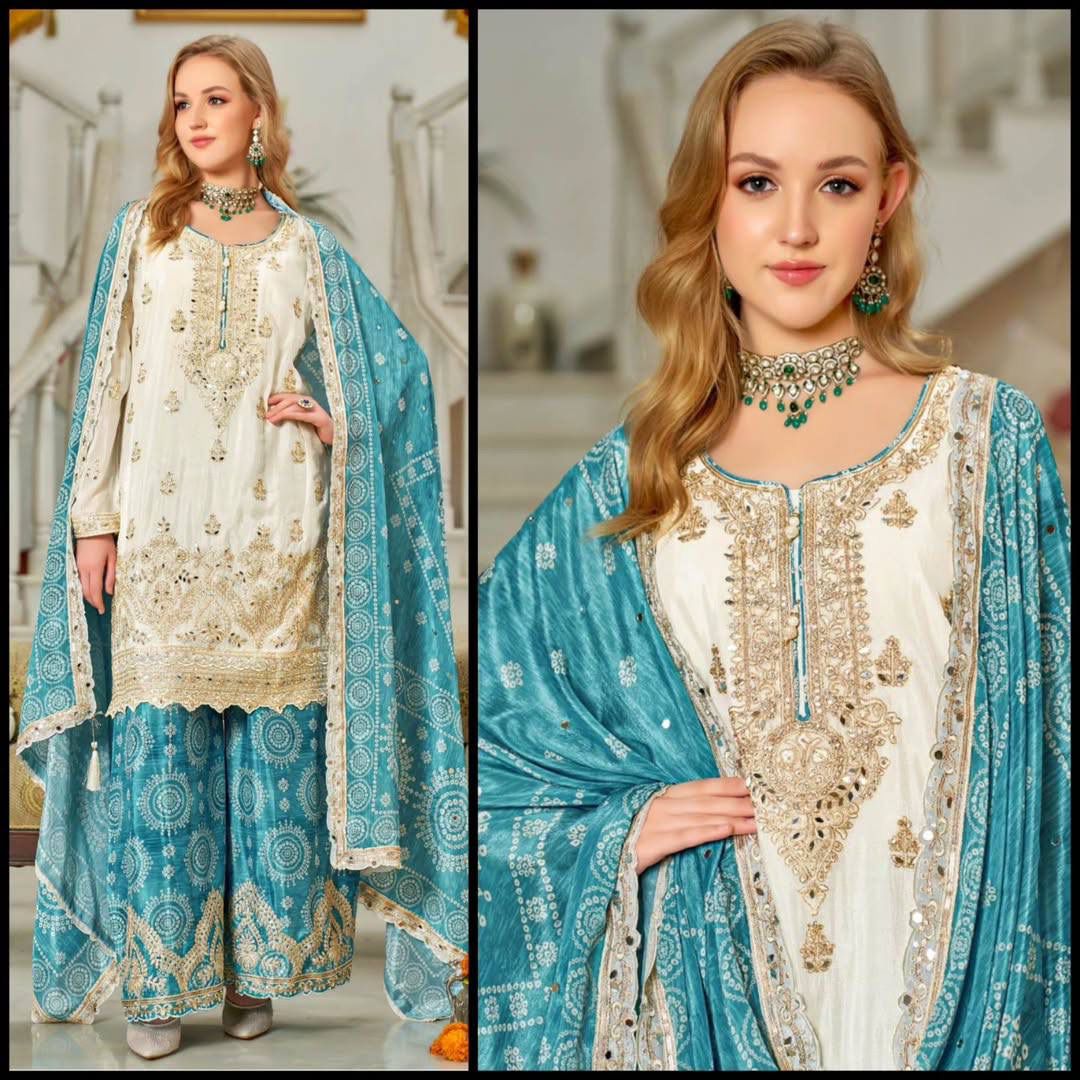 Heavy Chinon Party Wear Embroidery and Real Work Mirror Sharara Set