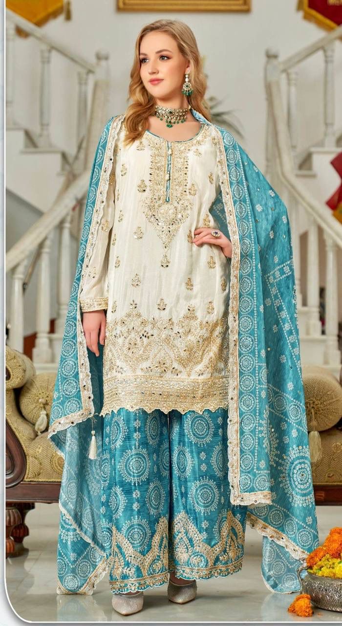 Heavy Chinon Party Wear Embroidery and Real Work Mirror Sharara Set