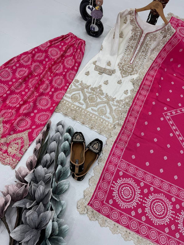 Heavy Chinon Party Wear Embroidery and Real Work Mirror Sharara Set