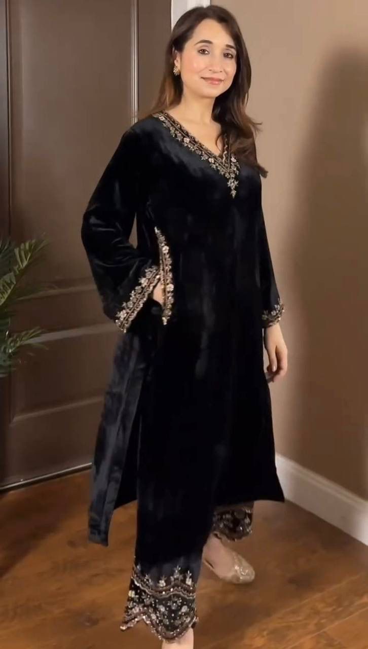 Viscose Velvet Suit Set with Thread & Sequin Work & Elastic Pant