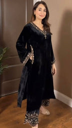 Viscose Velvet Suit Set with Thread & Sequin Work & Elastic Pant
