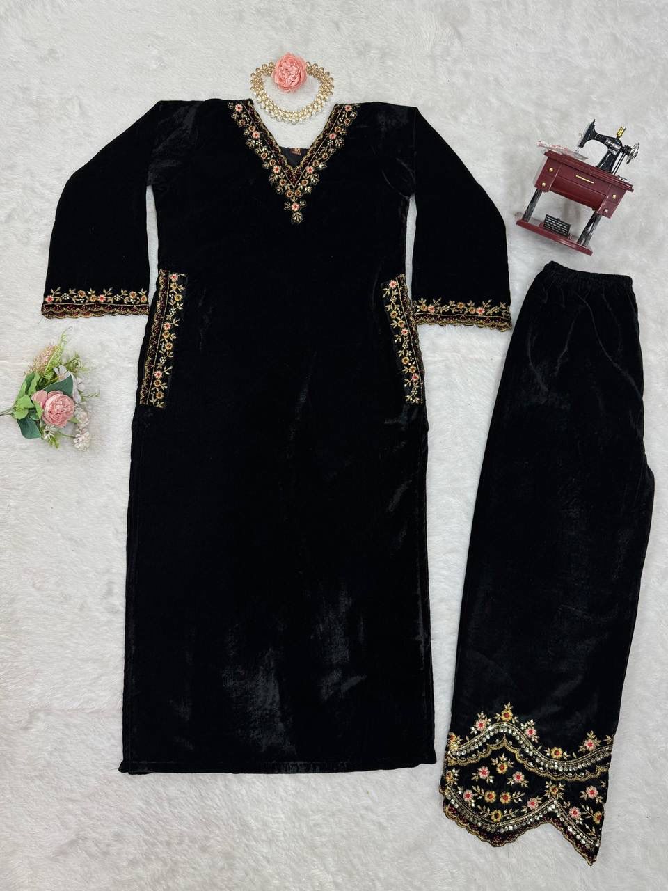Viscose Velvet Suit Set with Thread & Sequin Work & Elastic Pant