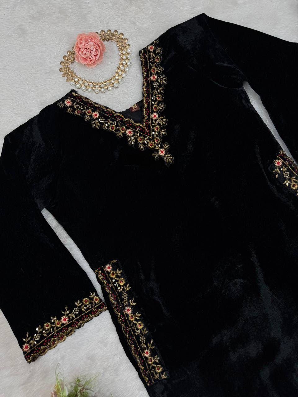 Viscose Velvet Suit Set with Thread & Sequin Work & Elastic Pant