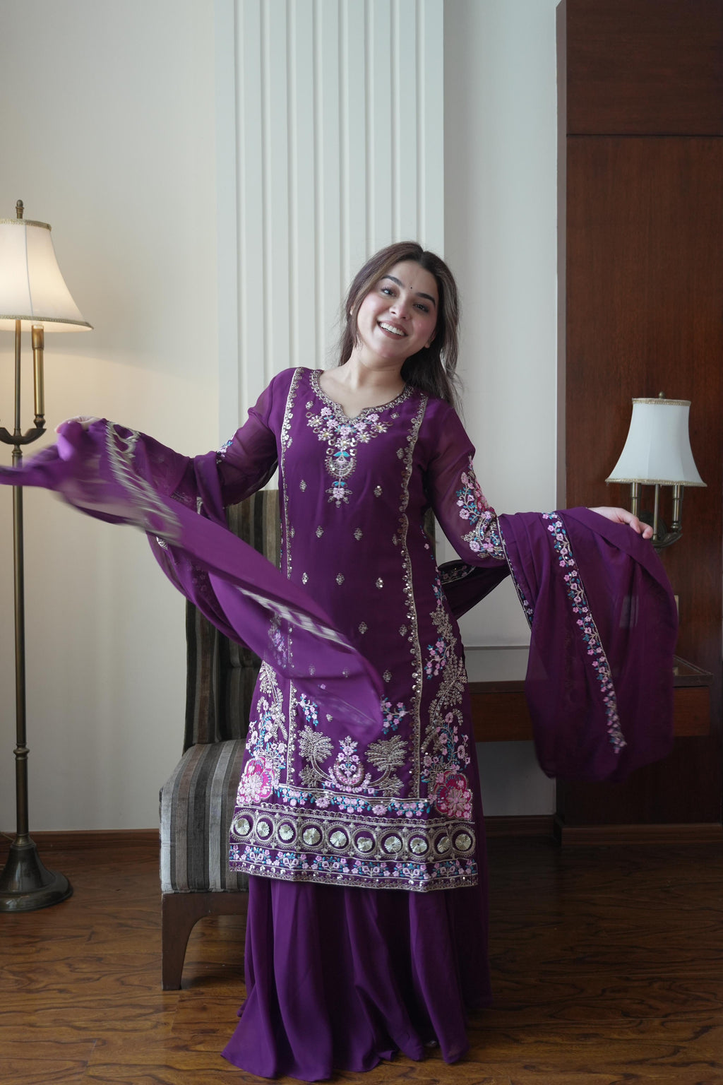 Real Modeling Fox Georgette Gown Pant Pair with Embroidery Work