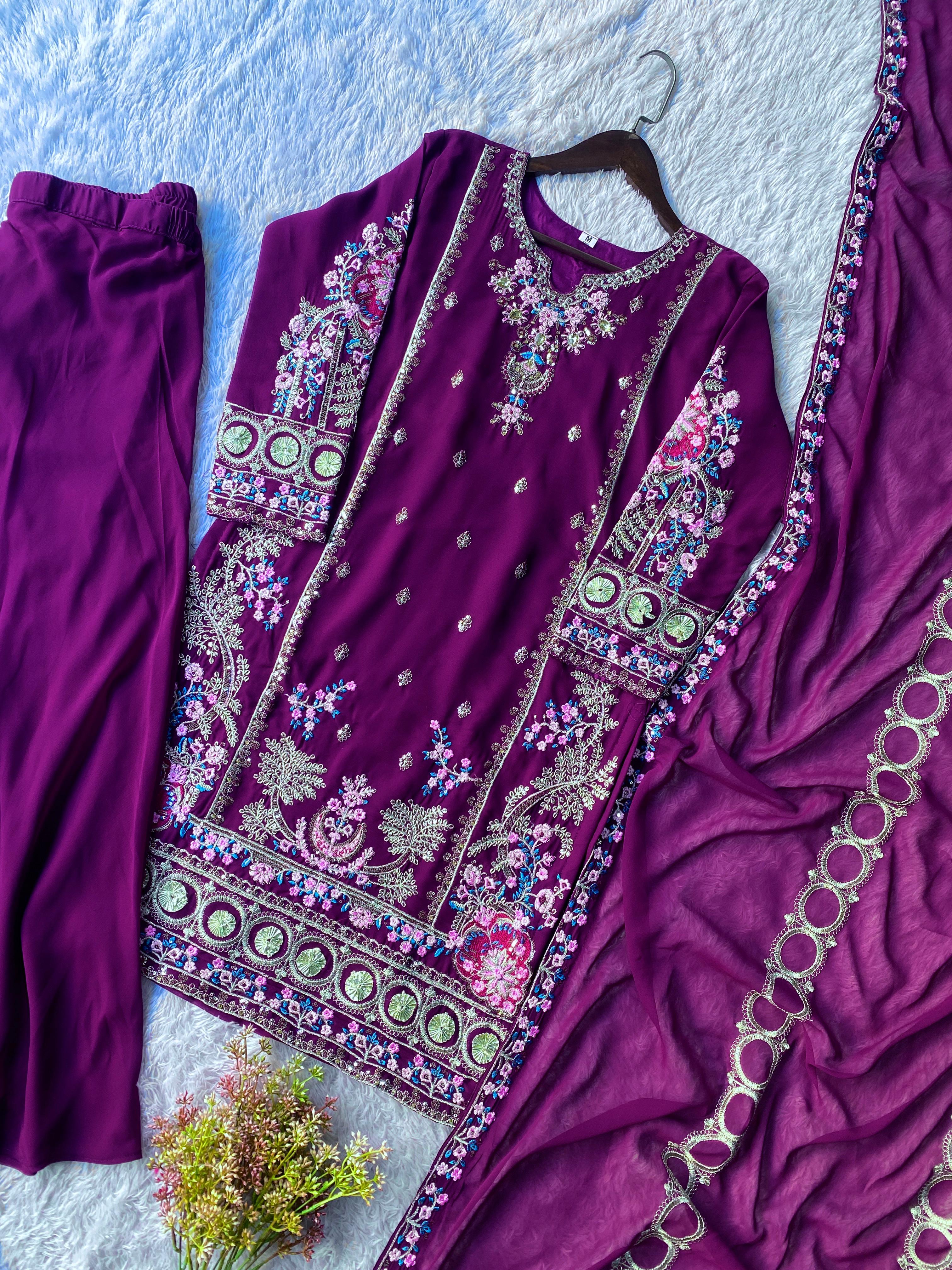 Real Modeling Fox Georgette Gown Pant Pair with Embroidery Work