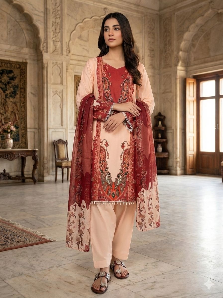 French Crep Silk Top-Bottom And Dupatta Set Fully Stitched Ready To Wear