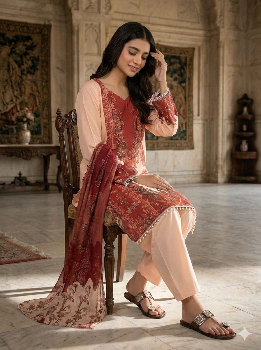 French Crep Silk Top-Bottom And Dupatta Set Fully Stitched Ready To Wear