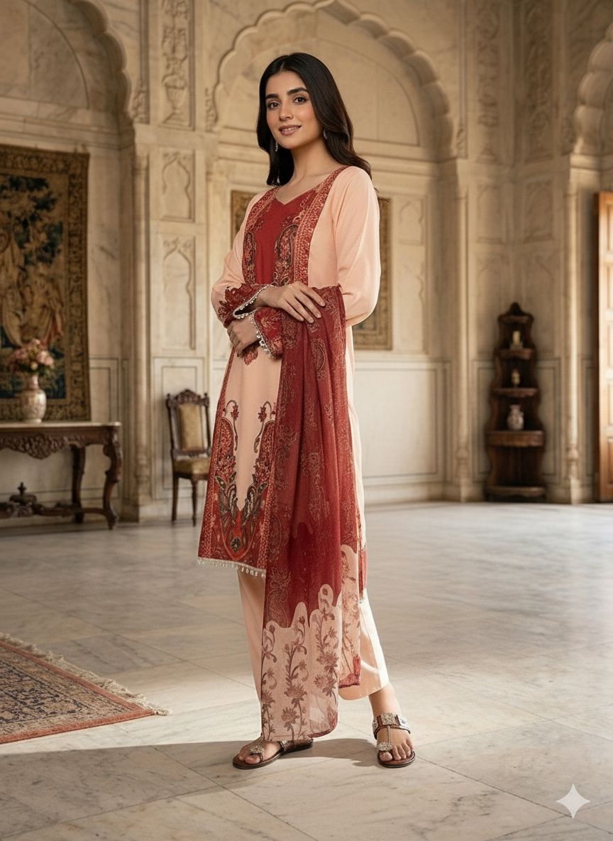 French Crep Silk Top-Bottom And Dupatta Set Fully Stitched Ready To Wear