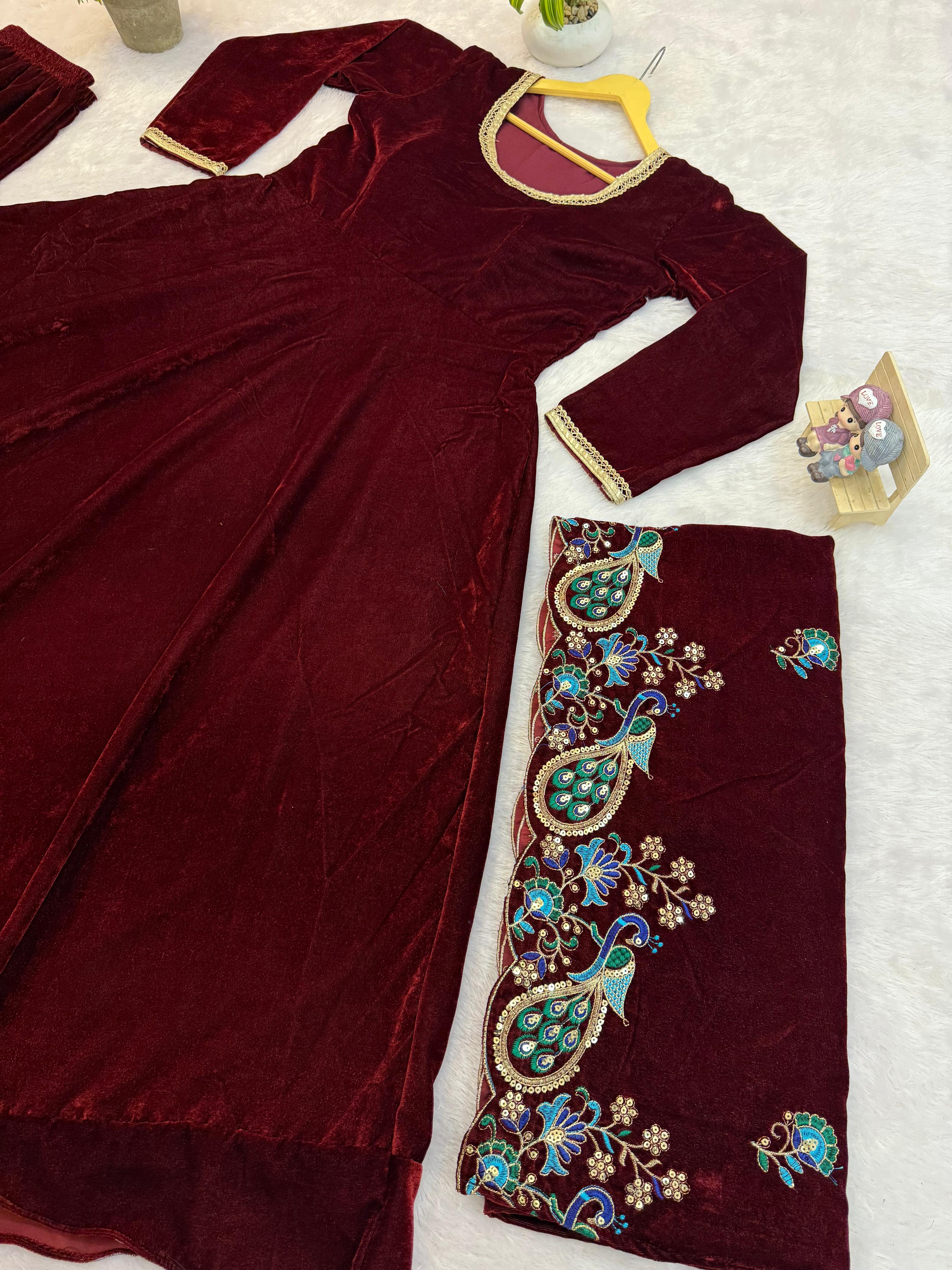 VELVET 9000 3 PIECE EMBROIDERED GOWN,DUPATTA PENT WITH HEAVY DUPATTA WORK