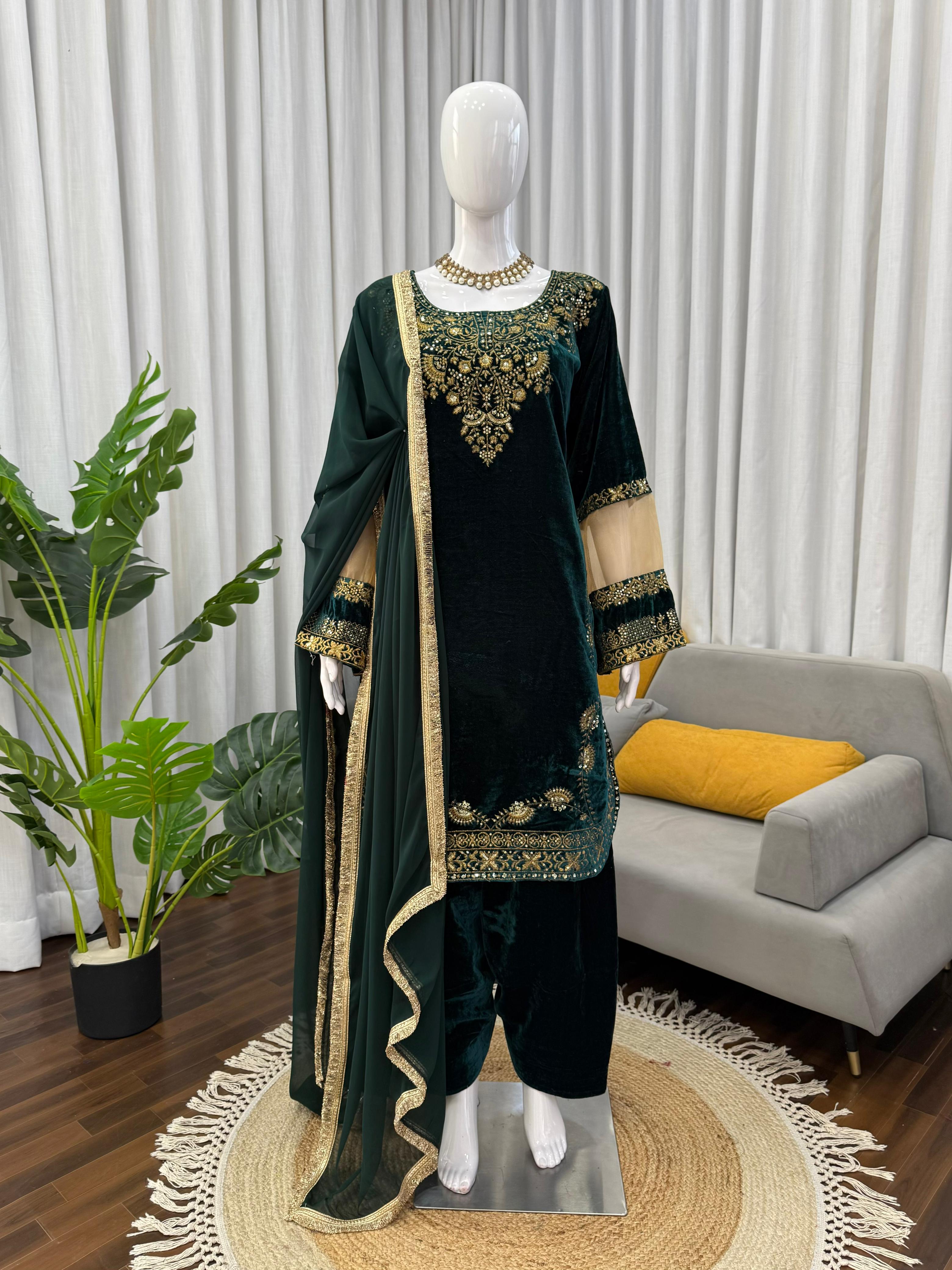 Viscose Velvet Suit Set with Dupatta faux georgette with four‑side fancy lace border