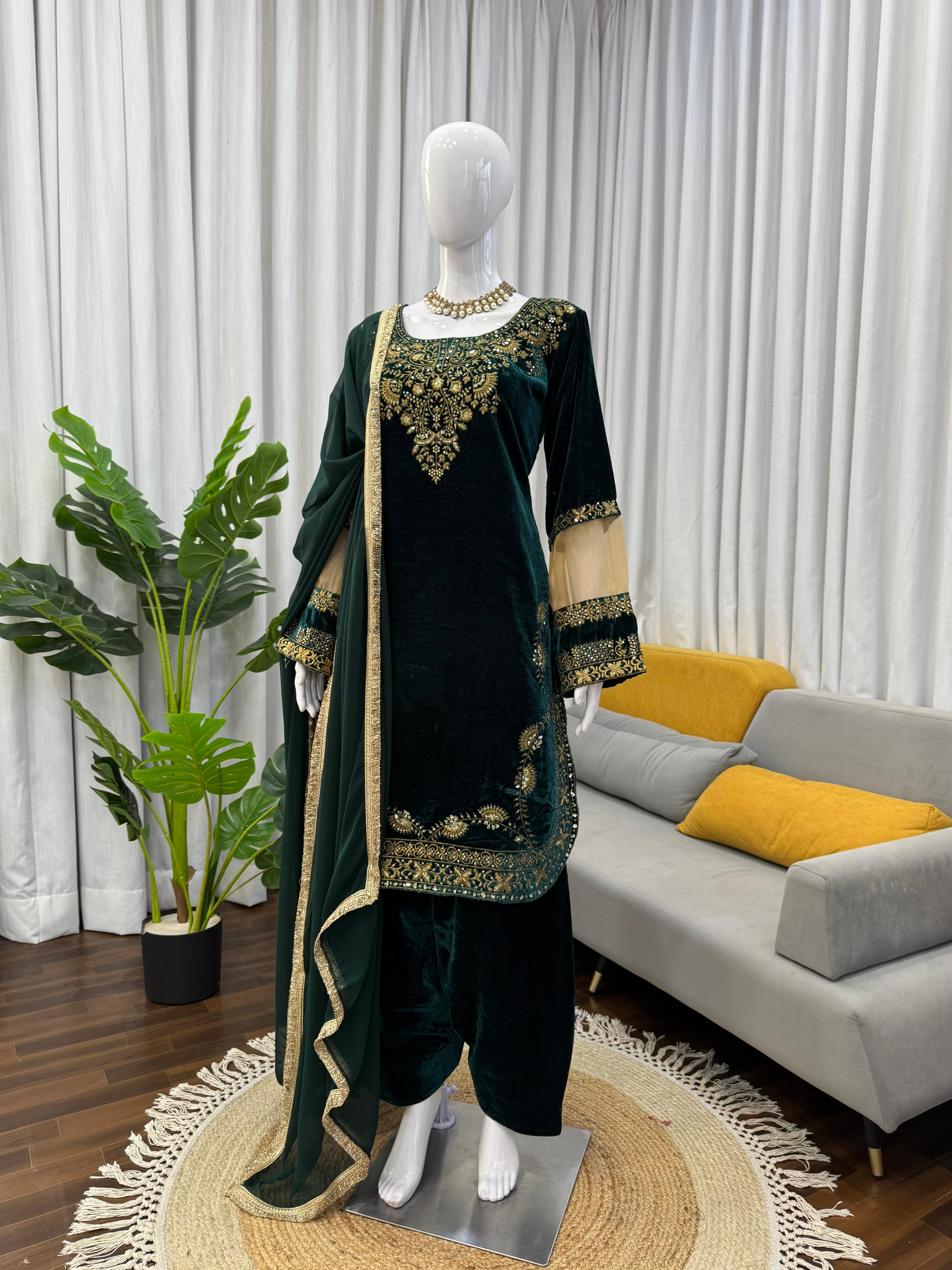Viscose Velvet Suit Set with Dupatta faux georgette with four‑side fancy lace border