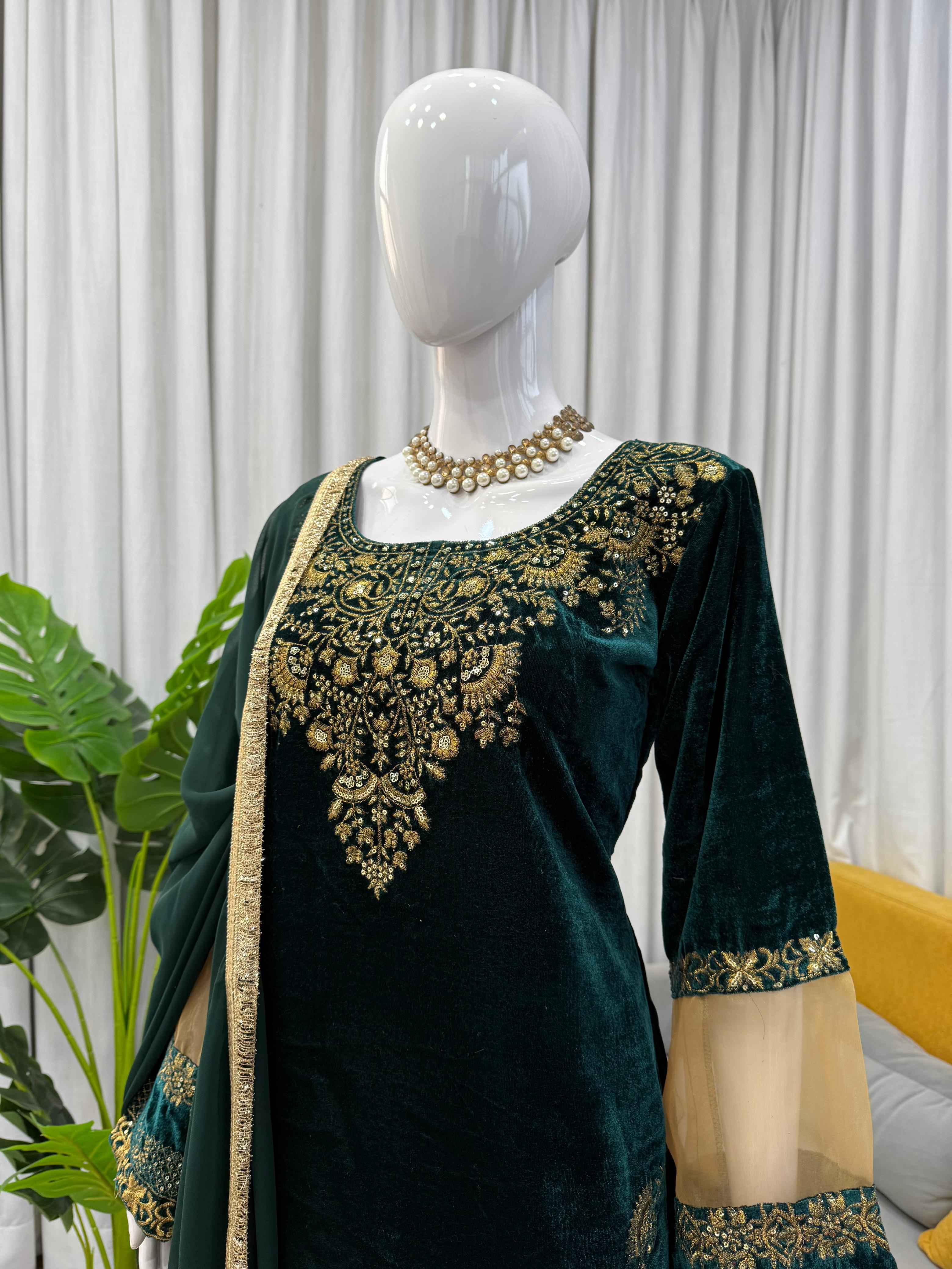 Viscose Velvet Suit Set with Dupatta faux georgette with four‑side fancy lace border