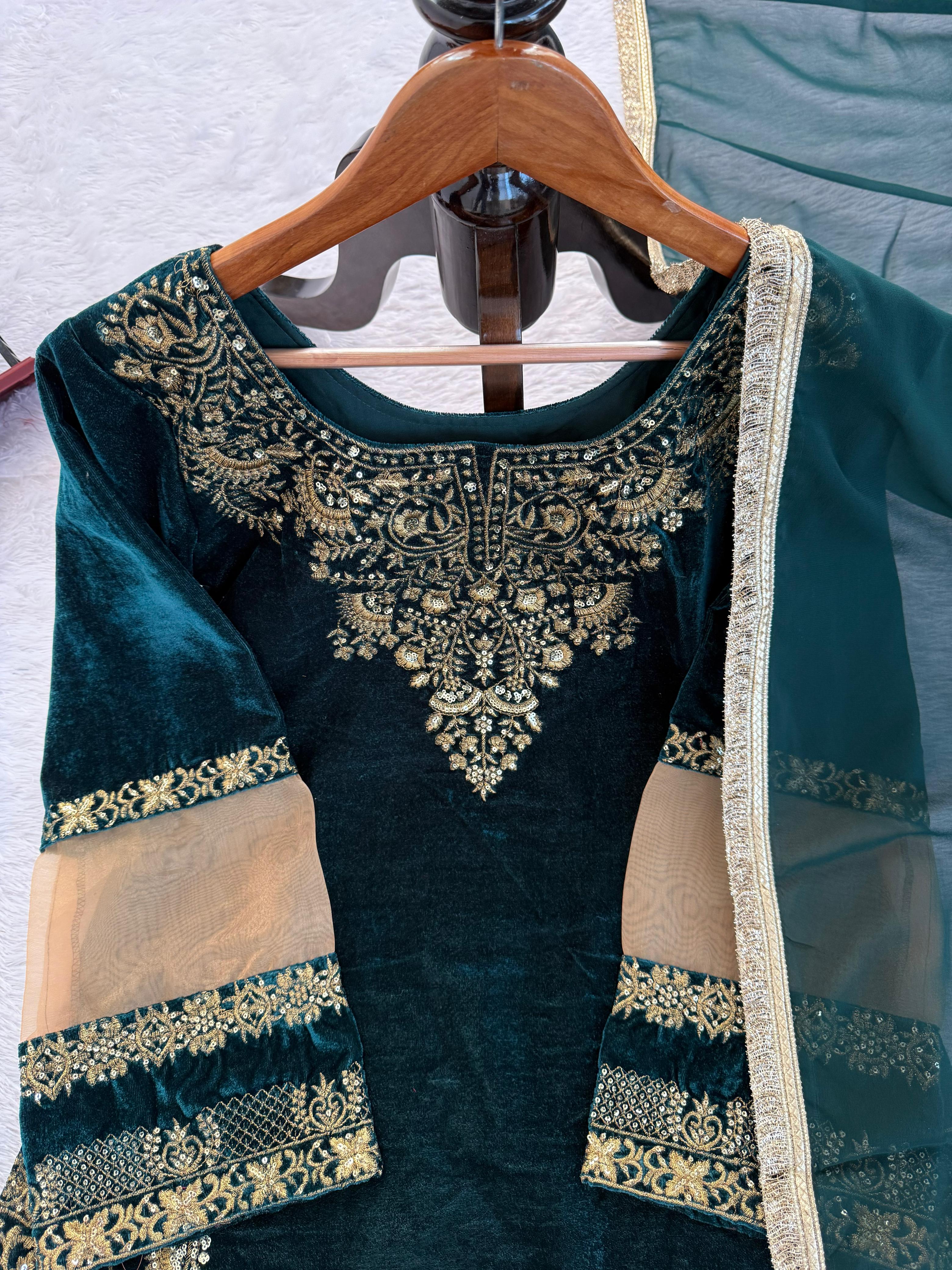 Viscose Velvet Suit Set with Dupatta faux georgette with four‑side fancy lace border