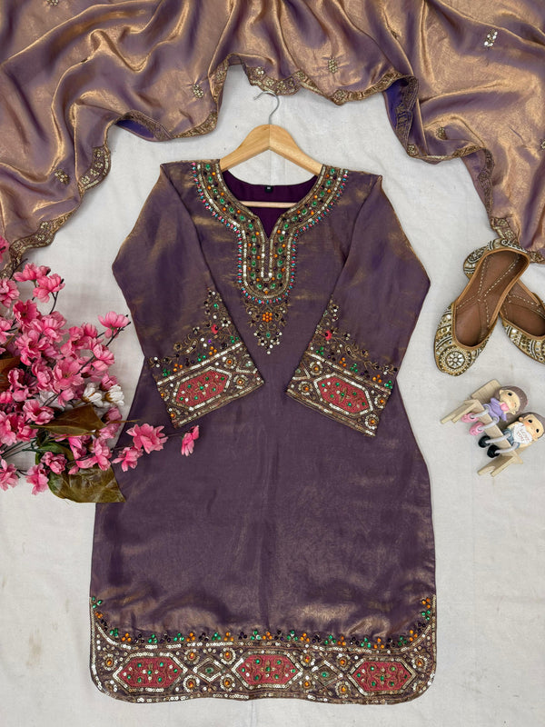 FENDY SILK KURTI & PLAZZO SET WITH & STONE HANDWORK