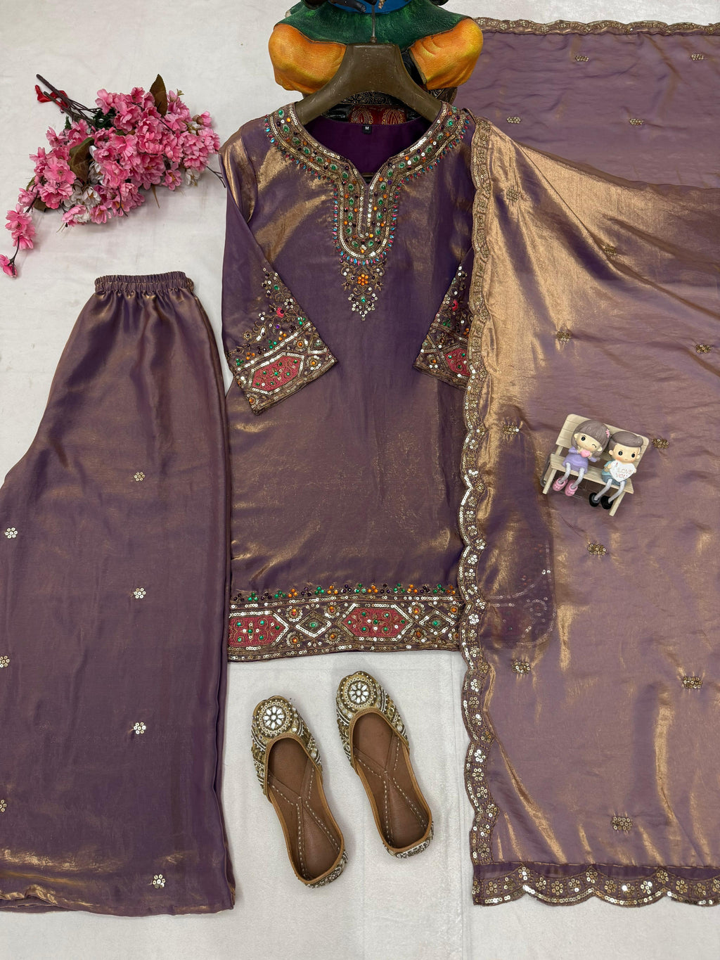 FENDY SILK KURTI & PLAZZO SET WITH & STONE HANDWORK