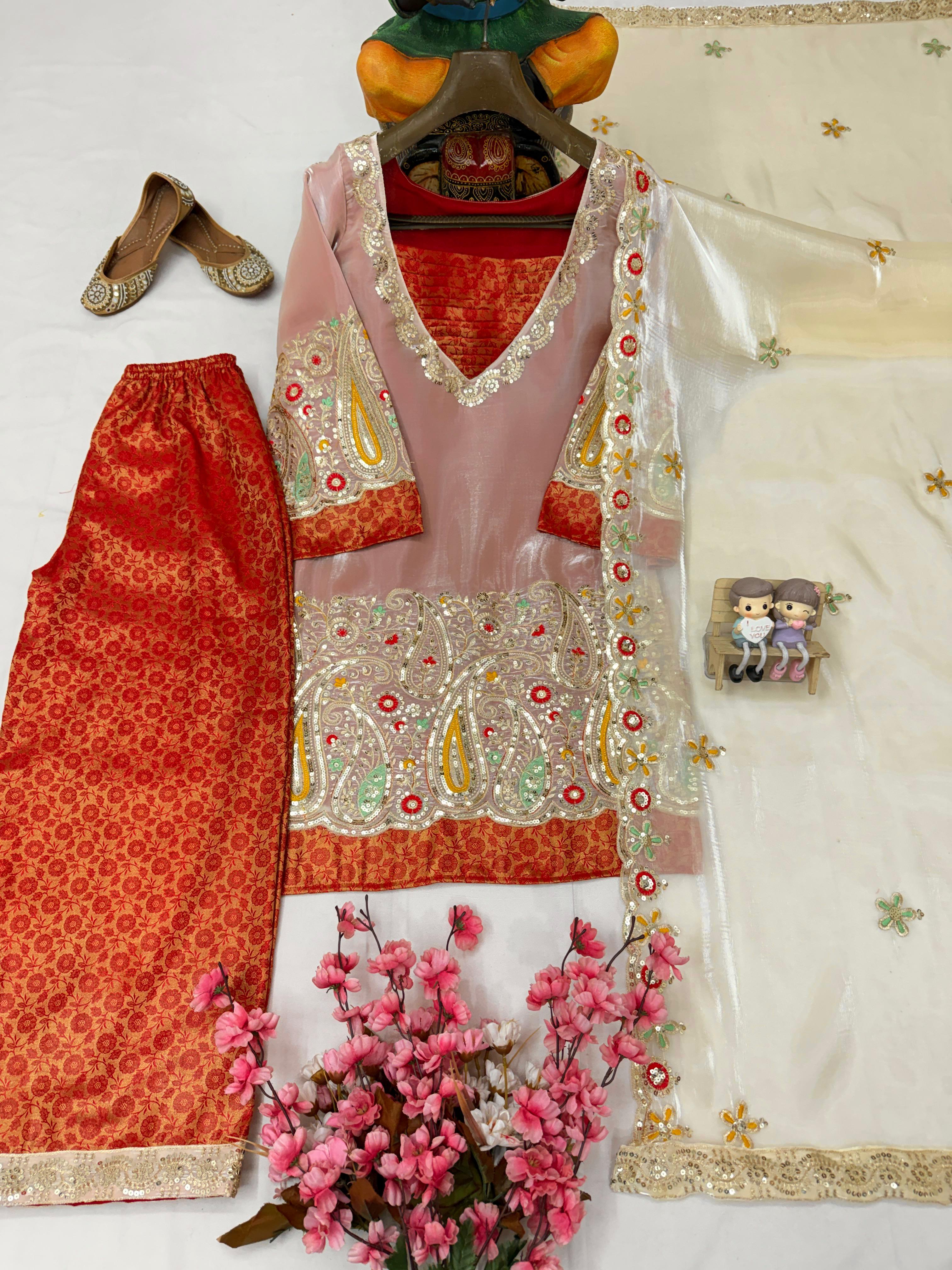 Kurti & Plazzo Set Sequins & Zari & Thread Embroidery Work