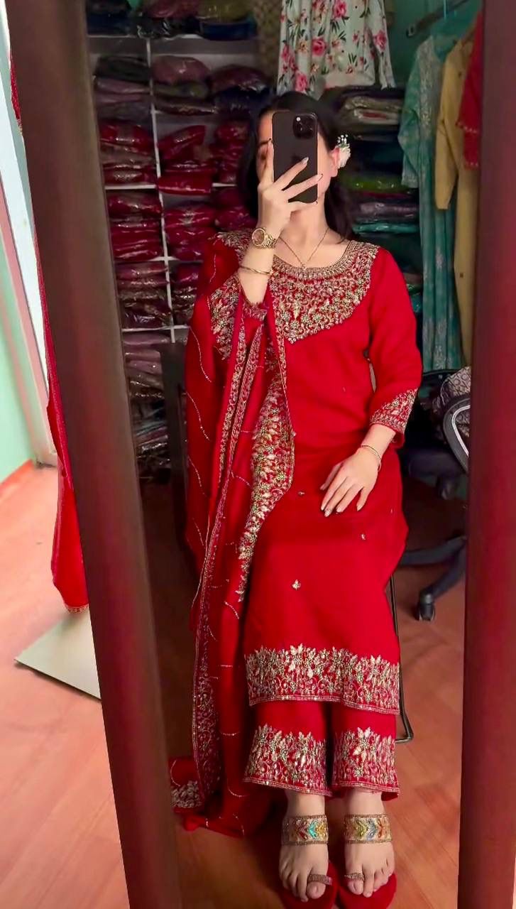 Premium Pure Chinon Silk Embroidery Work Long Kurti Plazzo Dupatta Suit