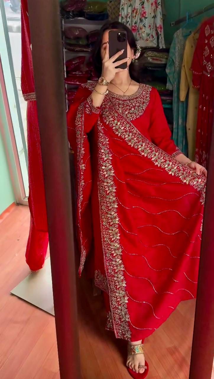 Premium Pure Chinon Silk Embroidery Work Long Kurti Plazzo Dupatta Suit