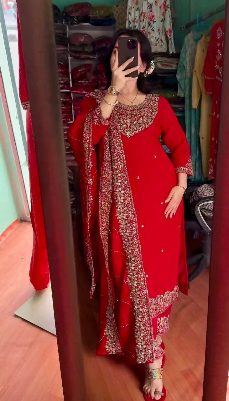 Premium Pure Chinon Silk Embroidery Work Long Kurti Plazzo Dupatta Suit