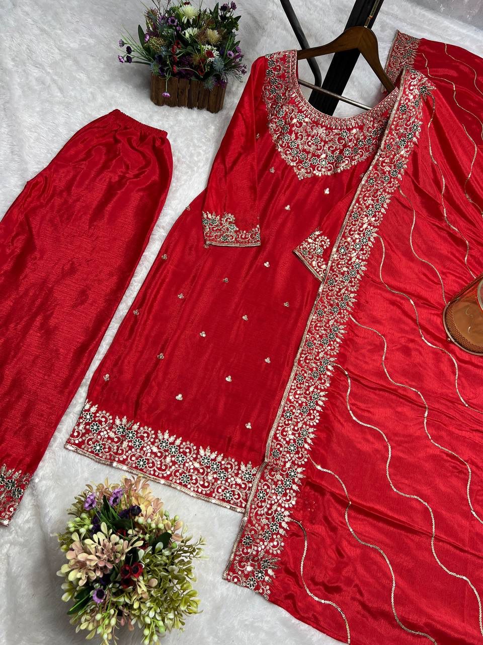 Premium Pure Chinon Silk Embroidery Work Long Kurti Plazzo Dupatta Suit