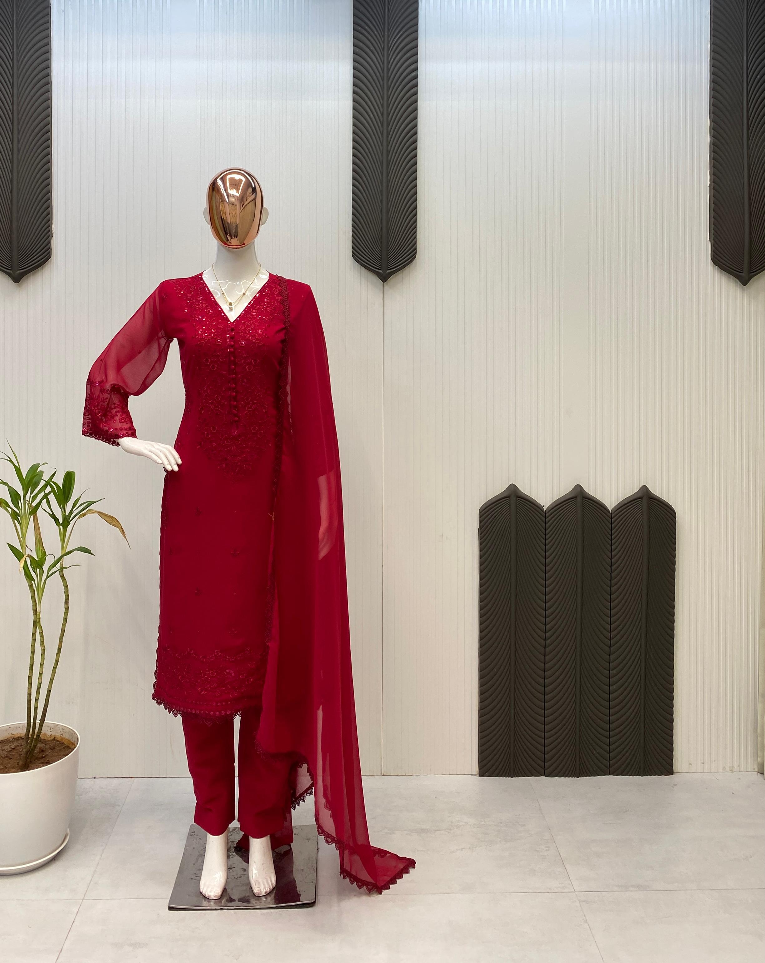 3 PIECE PLAZZO PAIR WITH &nbsp; DUPATTA IN SEQUENCE EMBROIDERY WORK