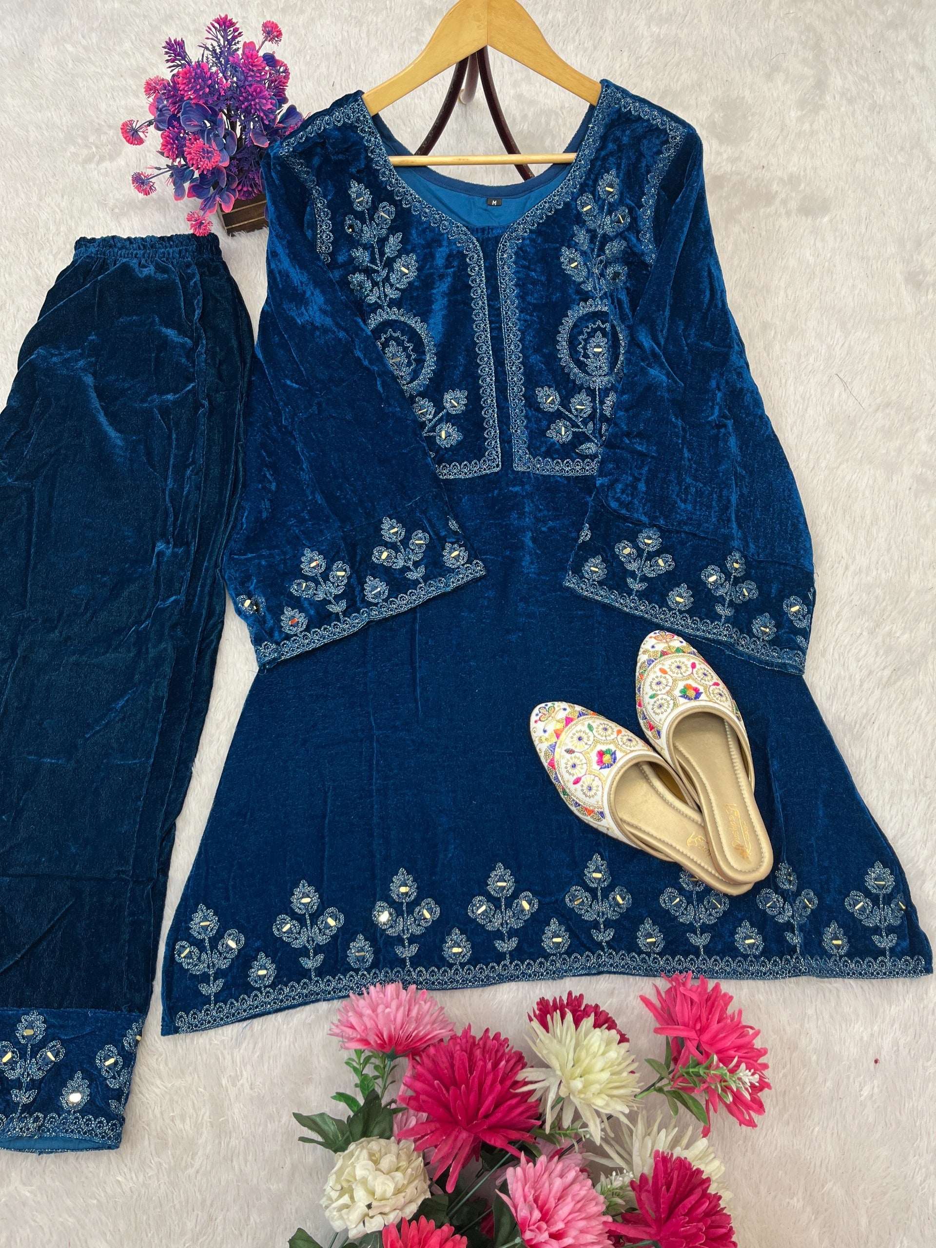 STYLEYLISH VELVET THREAD EMBROIDERY WITH RIAL MIRROR WORK CO-ORD SET