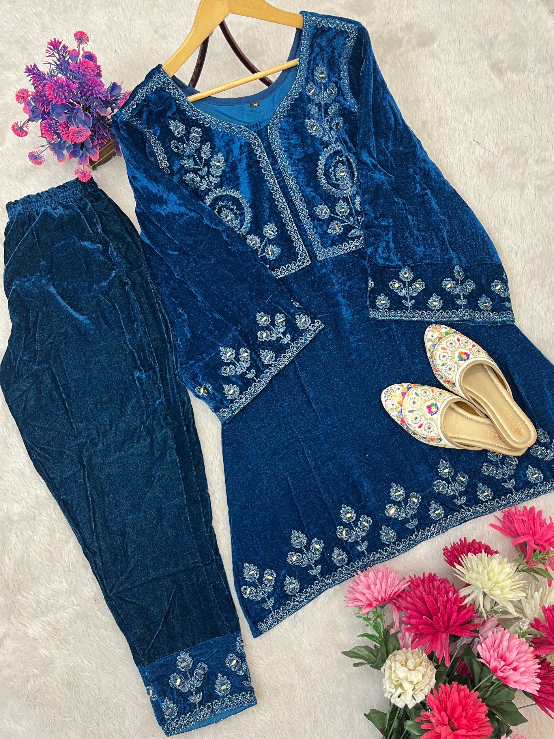 STYLEYLISH VELVET THREAD EMBROIDERY WITH RIAL MIRROR WORK CO-ORD SET