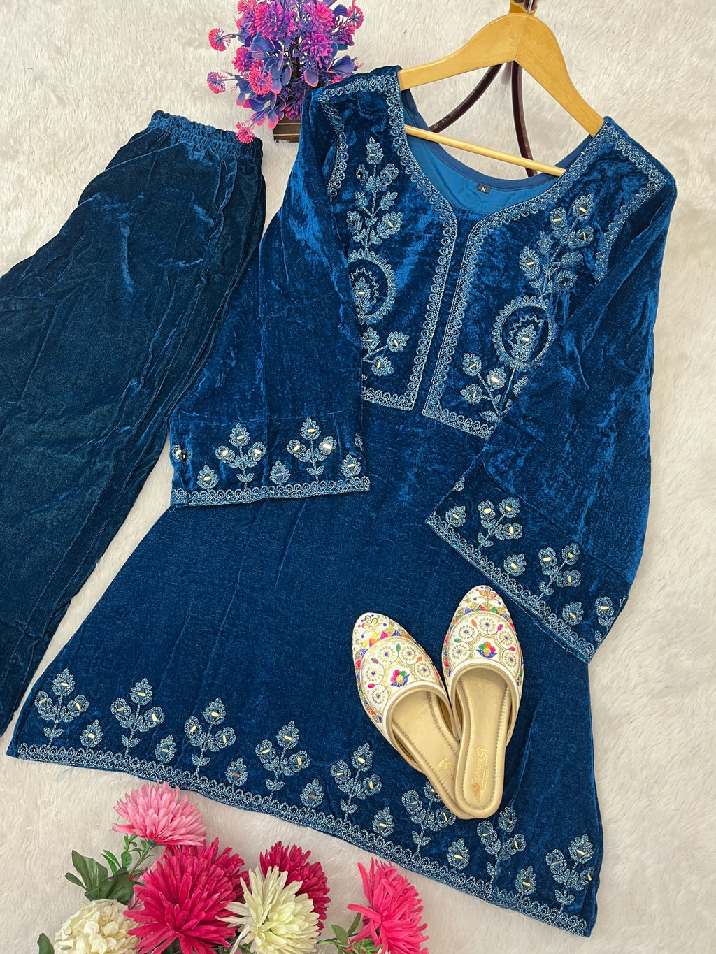 STYLEYLISH VELVET THREAD EMBROIDERY WITH RIAL MIRROR WORK CO-ORD SET