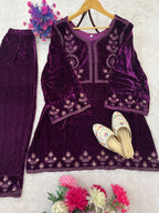 STYLEYLISH VELVET THREAD EMBROIDERY WITH RIAL MIRROR WORK CO-ORD SET