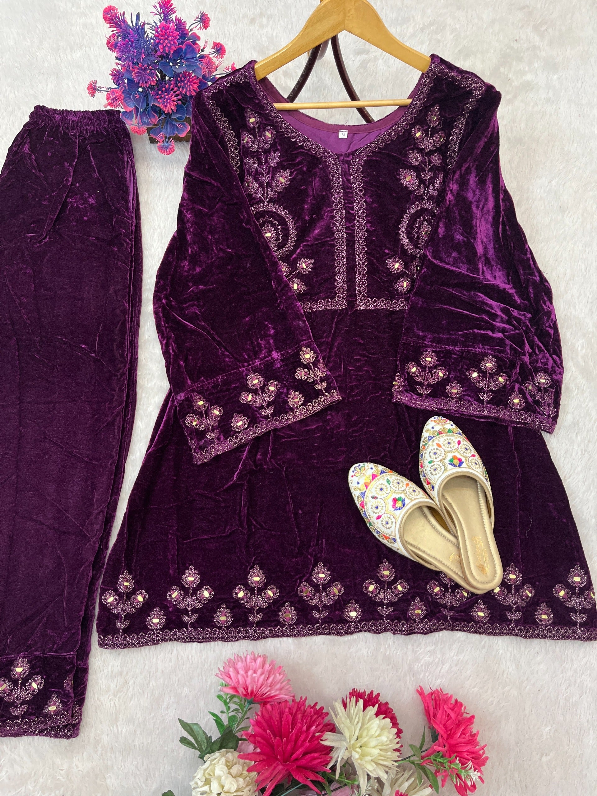 STYLEYLISH VELVET THREAD EMBROIDERY WITH RIAL MIRROR WORK CO-ORD SET