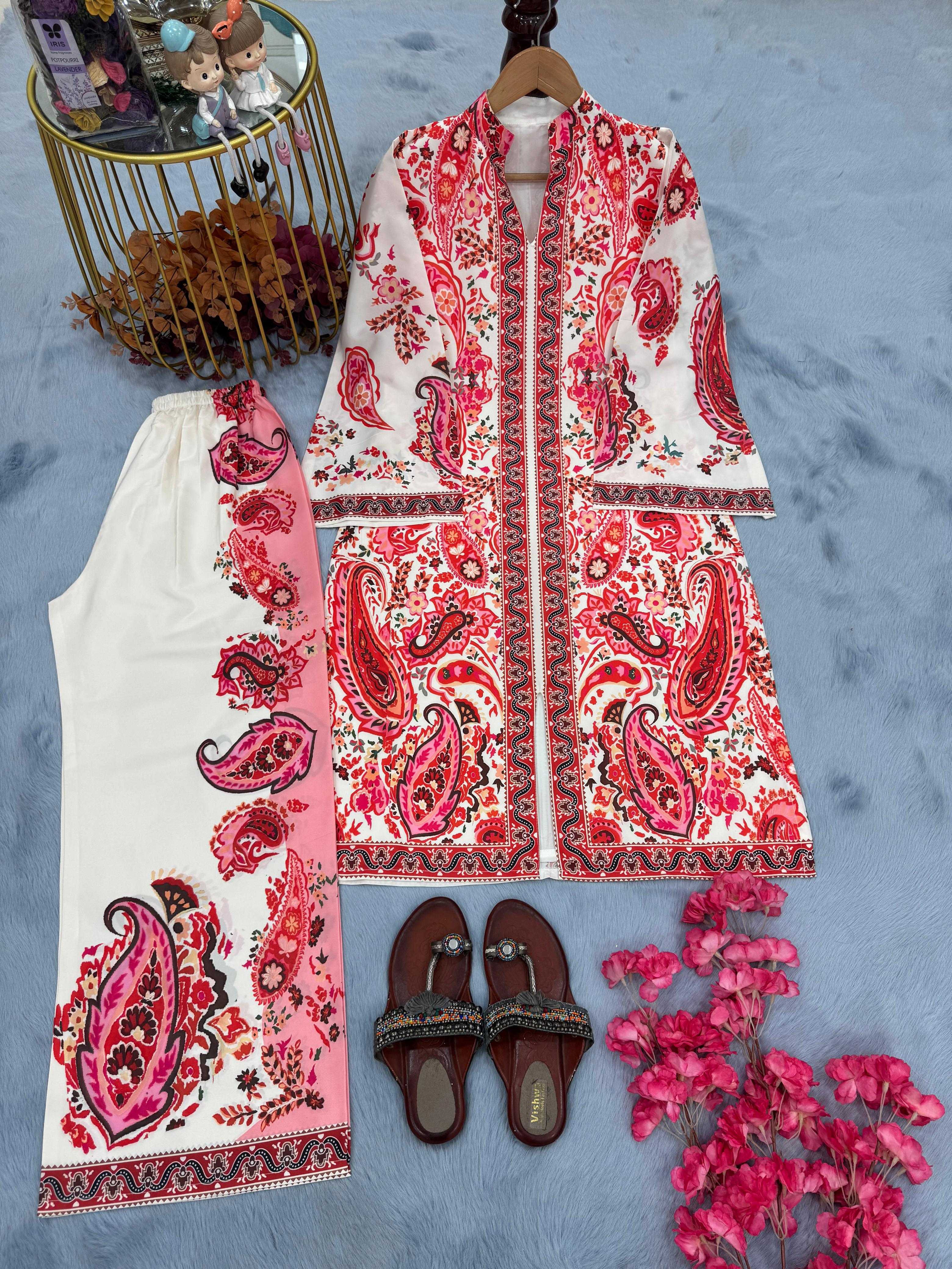 Đěsigner Party Wear Look Printed Pur Malai Satin Long 2Pc Co-Ord Set