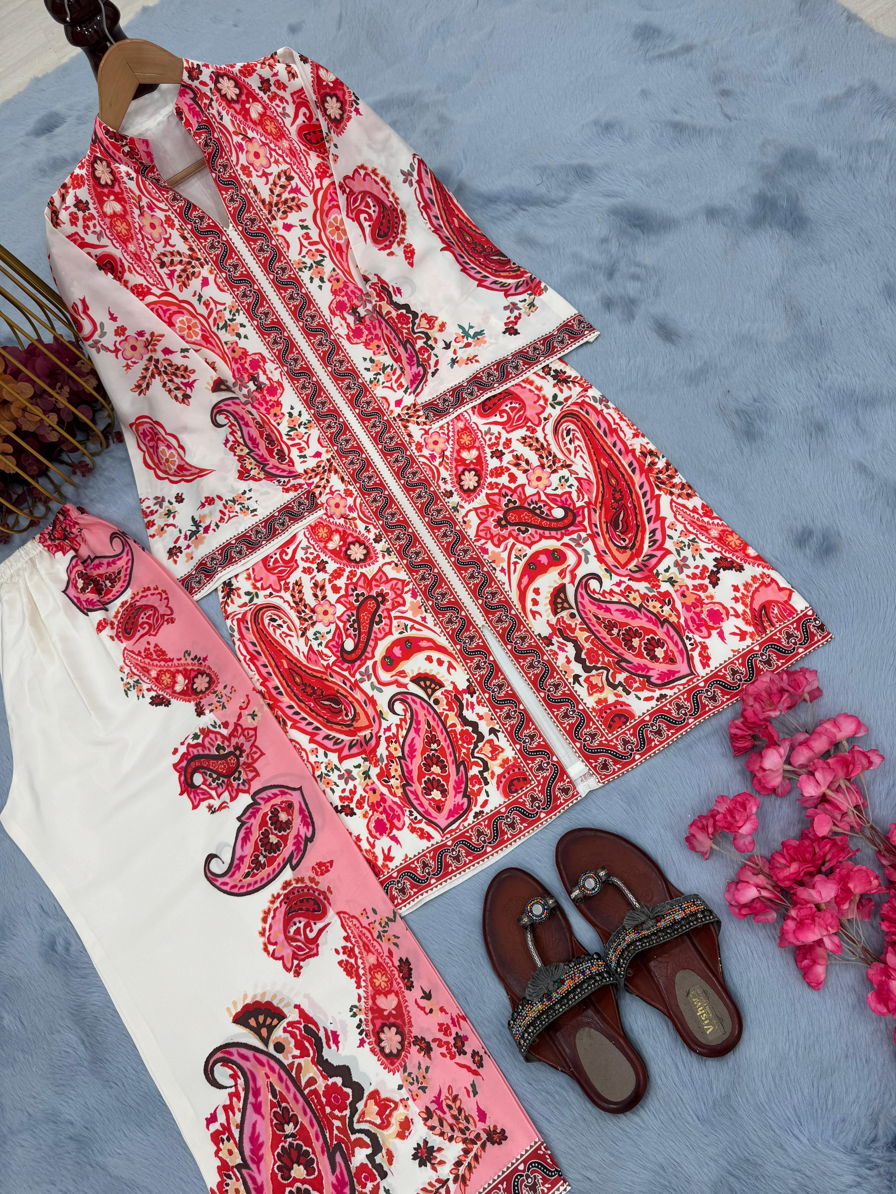 Đěsigner Party Wear Look Printed Pur Malai Satin Long 2Pc Co-Ord Set